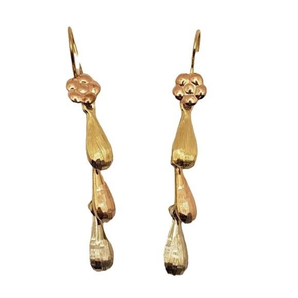 Real 14K Yellow, Rose & White Gold Hollow 3 Teardrops Hanging Earring womens